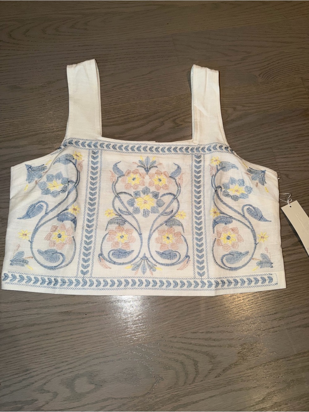 Calypso St. Barth White Cropped Tank with Blue and Yellow Floral Embroidery